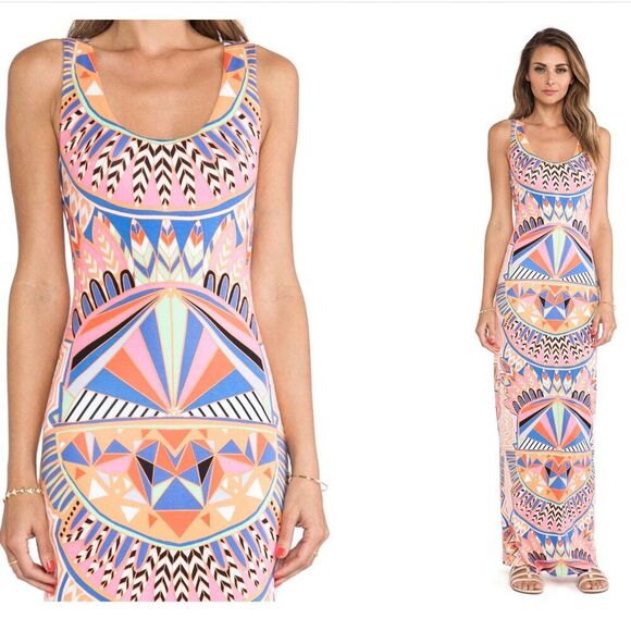 NWT Mara Hoffman Long Maxi Dress Boho Aztec Feather Sexy Jersey Bodycon Fitted - Picture 1 of 5